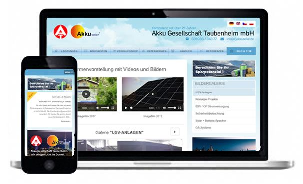 Tabletansicht und Handyansicht der Webseite on Akkusolar Tabletansicht und Handyansicht der Webseite on Akkusolar